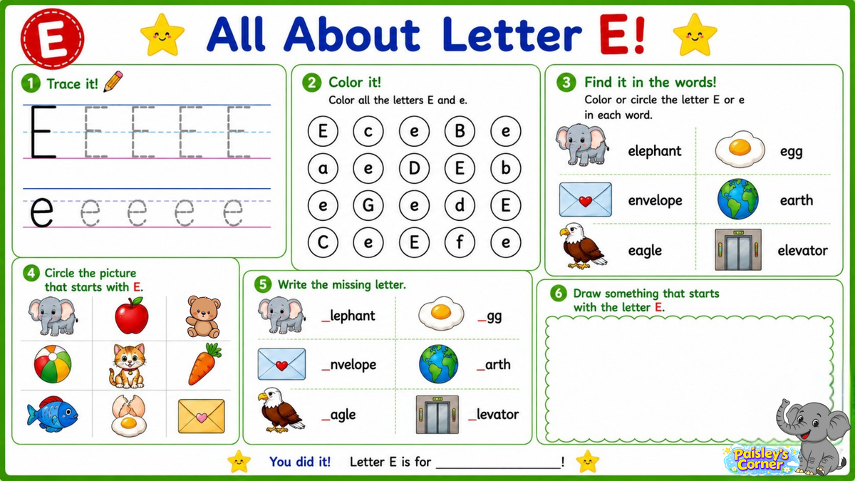 Cotton's Letter E Worksheets